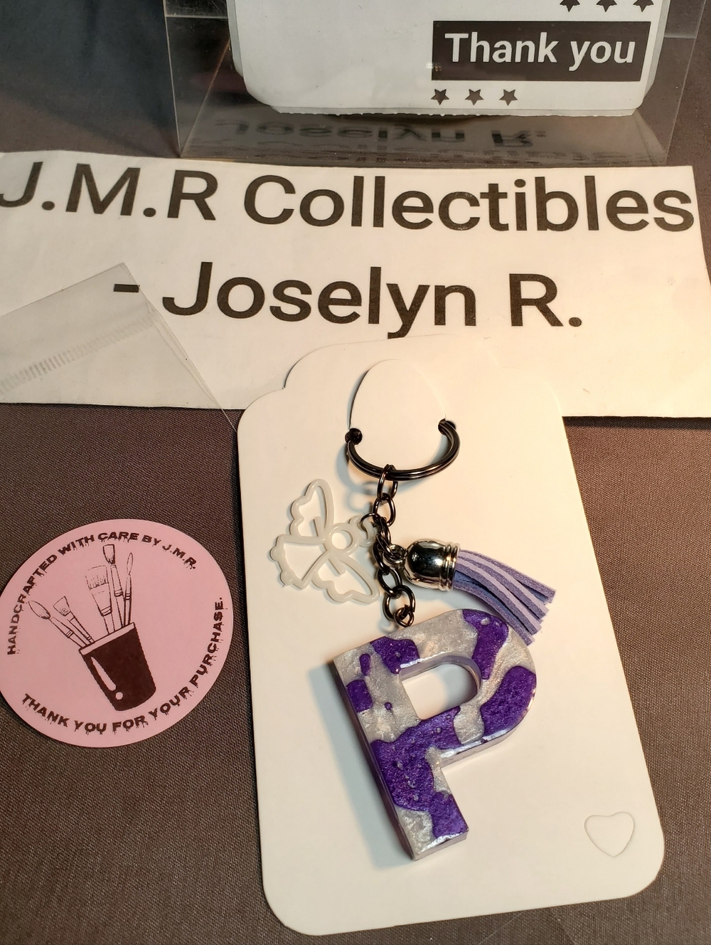 Purple & Silver Initial 'P' Resin Keychain